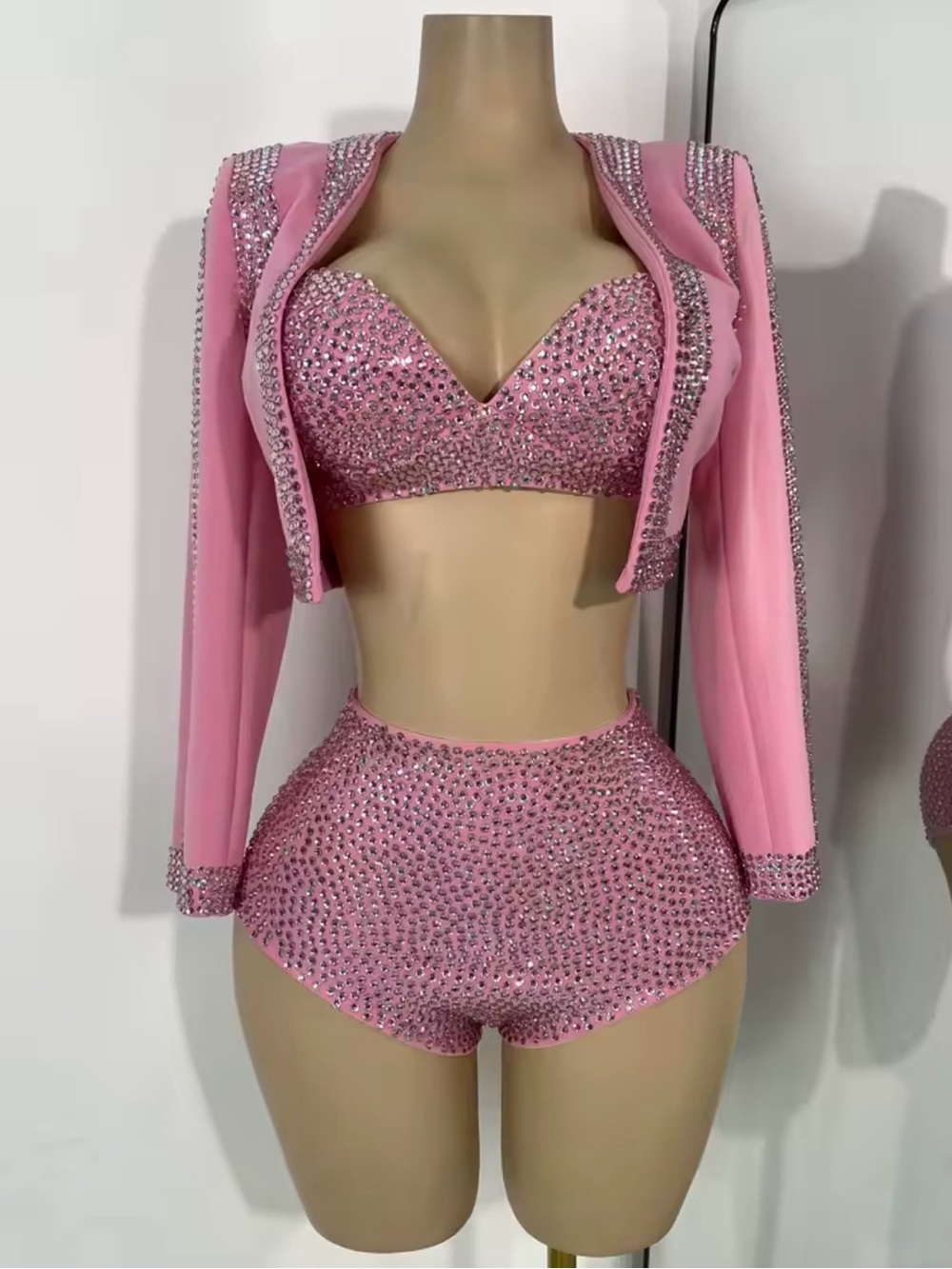 Pink Rhinestone Three-Piece Dance Set